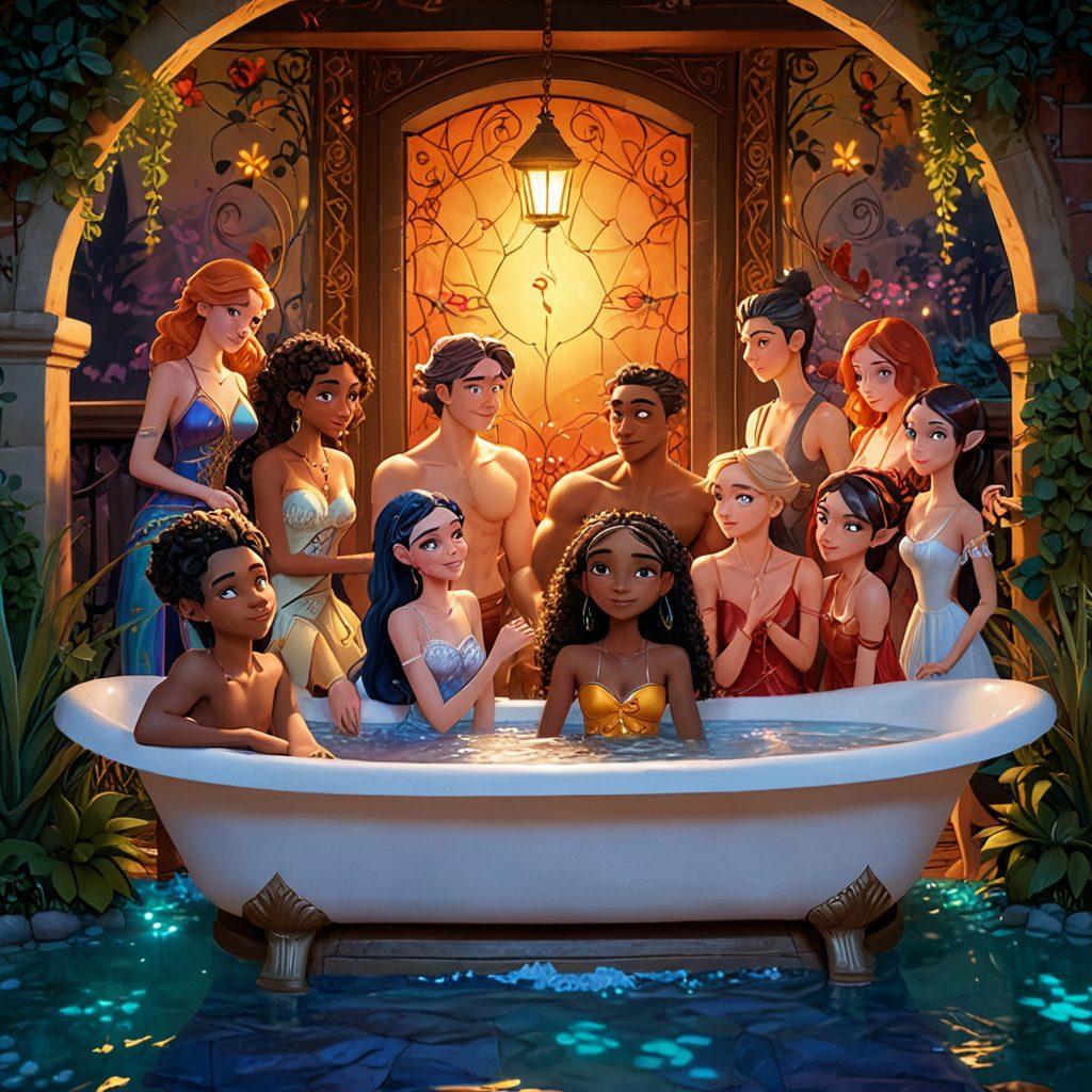 A captivating scene featuring a diverse group of animated characters, showcasing various expressions of desire and intimacy in an artistically mature setting. The background is filled with vibrant, whimsical elements reflecting the enchanting world of adult animation. Incorporate intricate details in the characters' designs, highlighting a blend of fantasy and realism. Soft illumination enhances the mood, inviting viewers into a world where emotions are visually represented. vibrant colors. super-realistic. digital art.